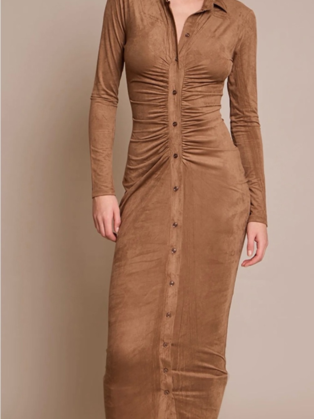 PrettyLittleThing Long Sleeve Ruched Button-Front Maxi Dress in Brown